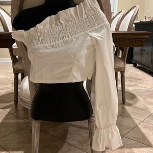 Off shoulder cotton spandex white ruffle blouse